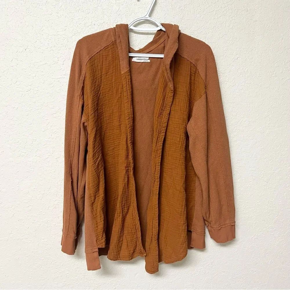 Anthropologie Open Front Cardigan Textured Hooded Size M Burnt Orange
